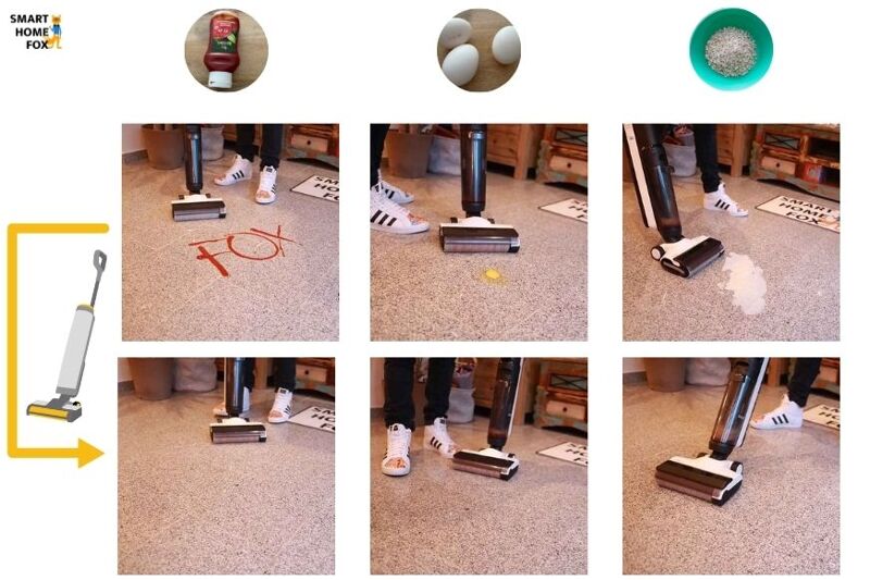 Man sieht, wie der Tineco Floor One S5 Combo feuchte Verschmutzungen von einem Fliesenboden entfernt.